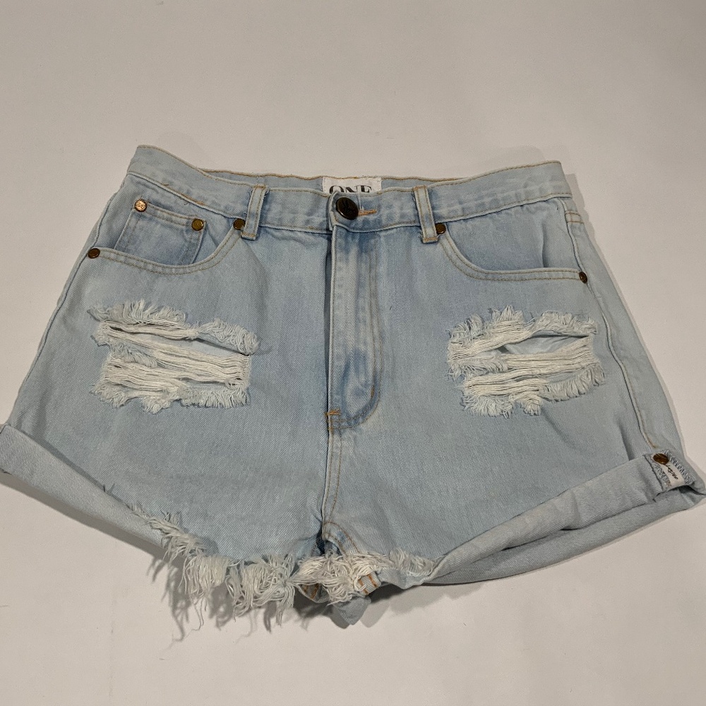 ONE Teaspoon Sz 28 Outlaws Low Waist Curved Raw Hem Jean Shorts